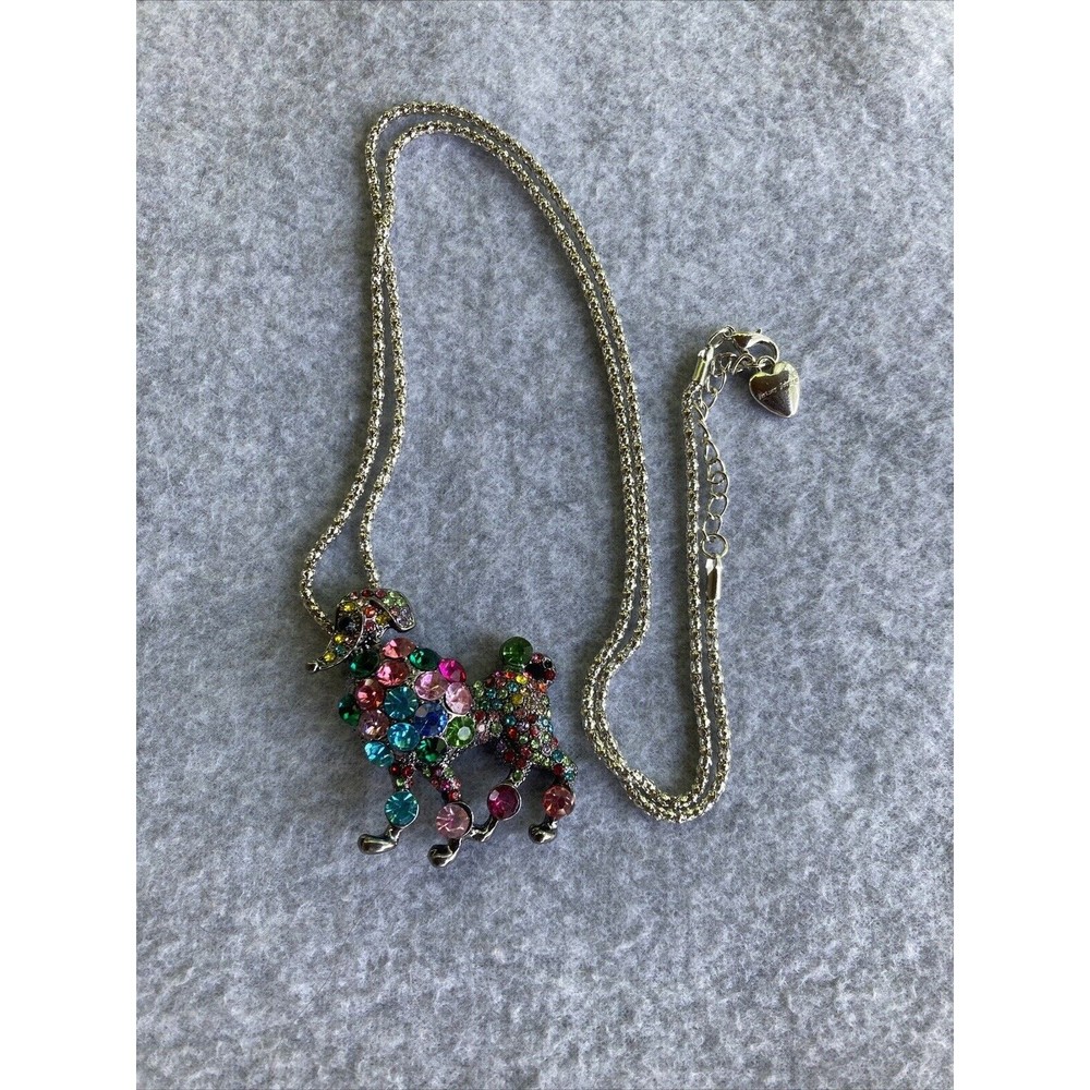 Betsey Johnson Crystal Poodle Necklace/Brooch Rainbow Poodle Silver Toned 28”